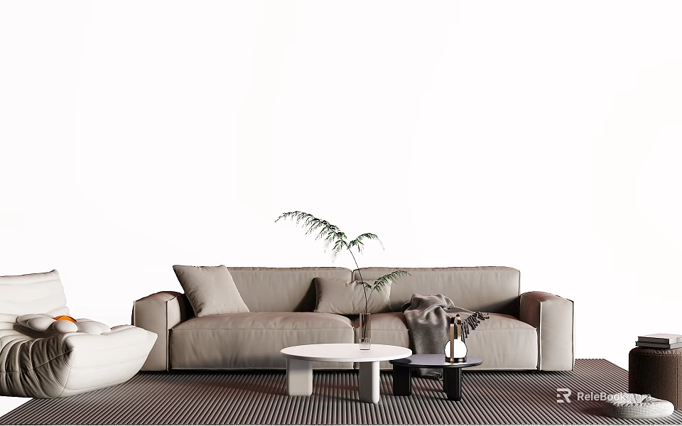 Modern Light Gray Sofa with Pillows and Coffee Table Set with Fern Plant Striped Rug 3d model 