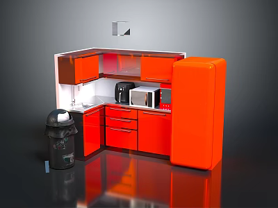 Modern Kitchen Furniture With Orange Cabinets Refrigerator Microwave Sink And Appliances 3d model