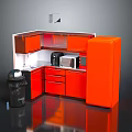 Modern Kitchen Furniture With Orange Cabinets Refrigerator Microwave Sink And Appliances