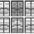 Six Chinese Style Sliding Doors With Various Designs Landscape Paintings And Black Frames