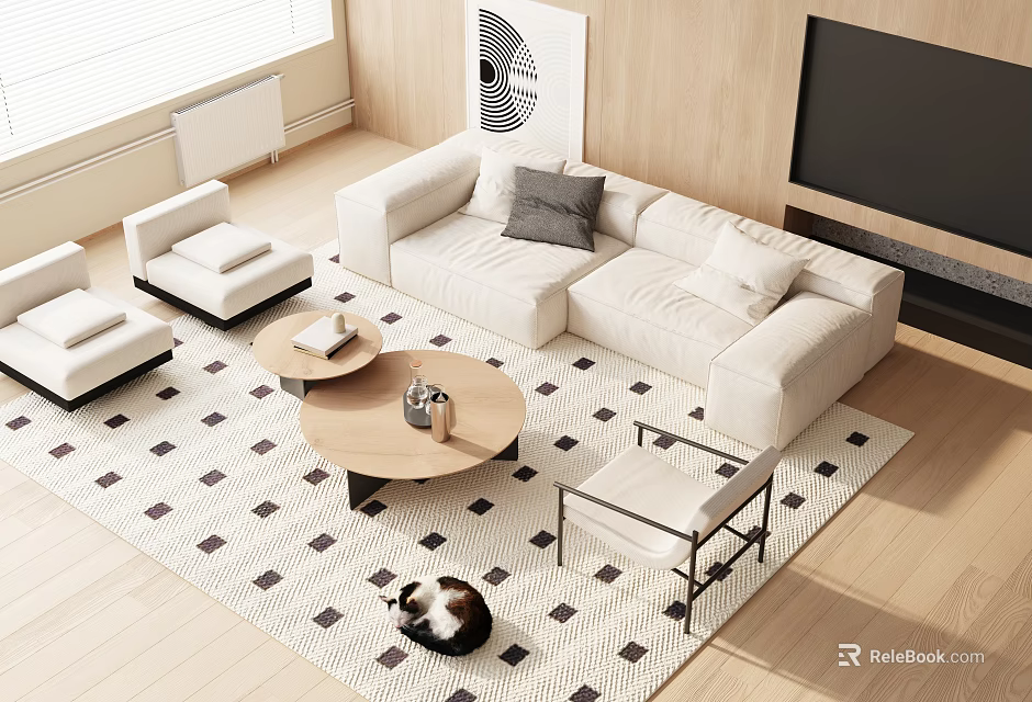Modern Living Room With White Sofa Round Coffee Table Set And Black White Patterned Rug 3d model