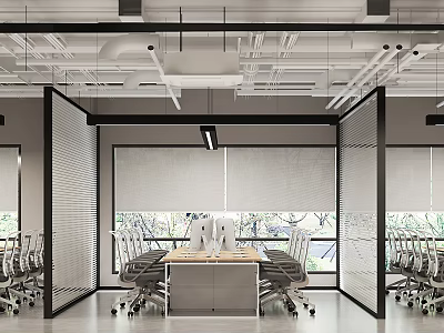 Public Office Space With Open Layout Conference Table Chairs Exposed Pipes And Modern Blinds 3d model