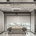 Public Office Space With Open Layout Conference Table Chairs Exposed Pipes And Modern Blinds