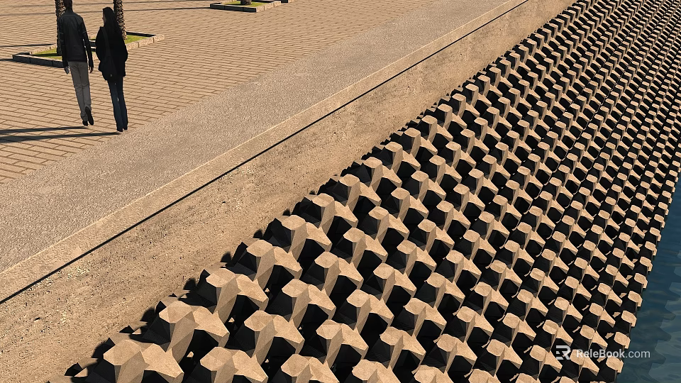 Architectural Components With Regular Geometric Star Patterns Stone Concrete Paving Along Urban Walkway With Pedestrians 3d model 