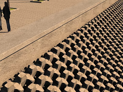 Architectural Components With Regular Geometric Star Patterns Stone Concrete Paving Along Urban Walkway With Pedestrians 3d model