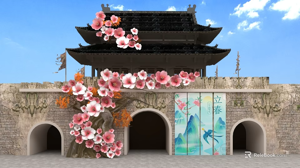 Ancient Architecture Photo Spot With Pink Flowers Lichun Landscape Screen And Arched Doorways 3d model 