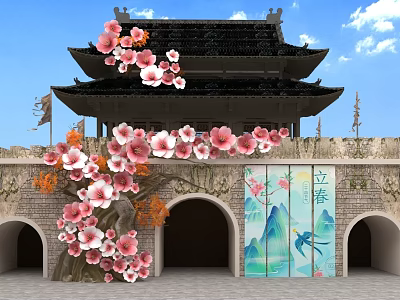 Ancient Architecture Photo Spot With Pink Flowers Lichun Landscape Screen And Arched Doorways 3d model