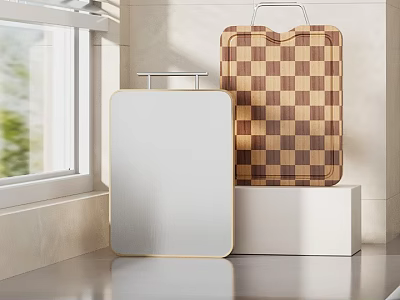Practical Kitchen Cutting Boards With Silver Surface And Brown Checkered Pattern On White Countertop 3d model