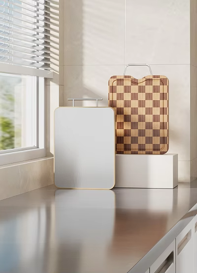 Practical Kitchen Cutting Boards With Silver Surface And Brown Checkered Pattern On White Countertop 3d model