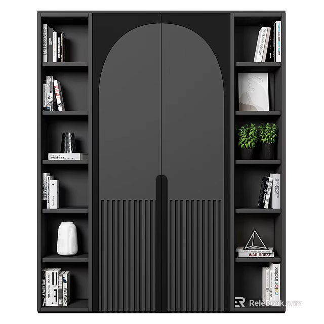 Contemporary Black Bookcase With Fluted Doors Side Shelves Holding Books Decorative Items And Potted Plants 3d model 