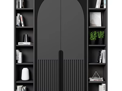 Contemporary Black Bookcase With Fluted Doors Side Shelves Holding Books Decorative Items And Potted Plants 3d model