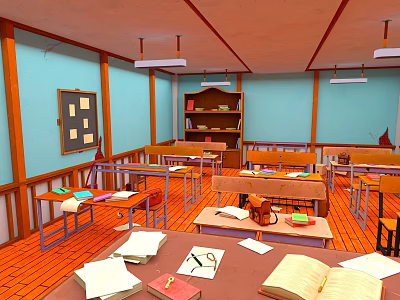 Cartoon Classroom Scene With Desks Chairs Books Stationery Bookshelf And Orange Floors 3d model