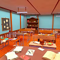 Cartoon Classroom Scene With Desks Chairs Books Stationery Bookshelf And Orange Floors