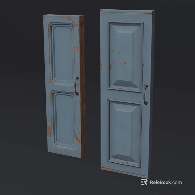 Blue Distressed Paneled Hinged Doors With Worn Finish And Classic Design 3d model 
