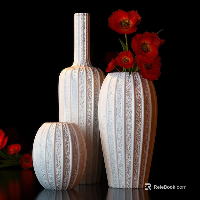 Three White Decorative Vases With Striped Texture And Red Flowers On Black Background 3d model 