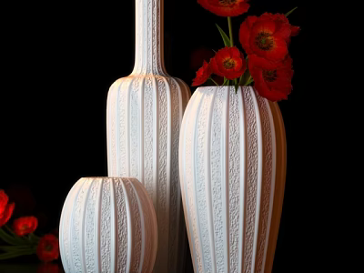 Three White Decorative Vases With Striped Texture And Red Flowers On Black Background 3d model
