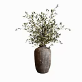Dark Textured Clay Vase With Lush Green Olive Branches 3d model