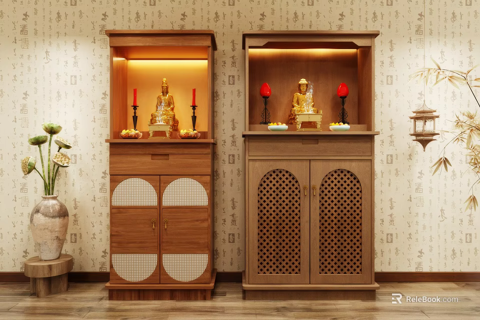Wooden Buddhist Shrine Cabinet with Buddha Statue Candles Lattice Doors and Traditional Decor 3d model 