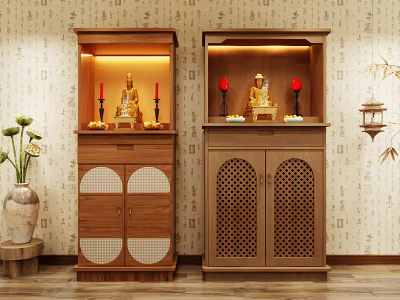Wooden Buddhist Shrine Cabinet with Buddha Statue Candles Lattice Doors and Traditional Decor 3d model