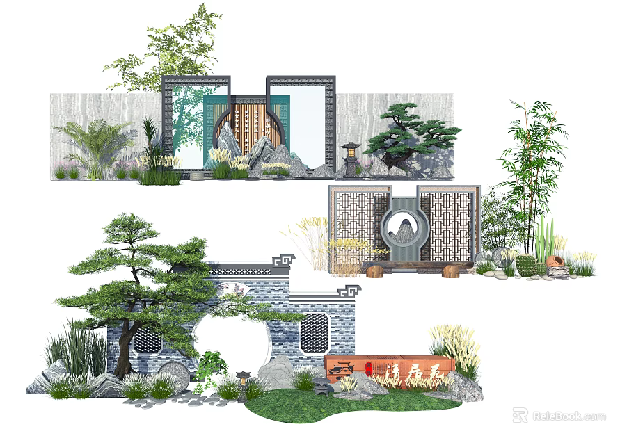 Chinese Style Feature Wall Design With Traditional Windows Pine Trees And Stone Elements 3d model