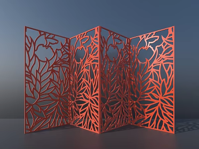 Red Folding Room Divider With Intricate Cutout Leaf And Flower Patterns 3d model