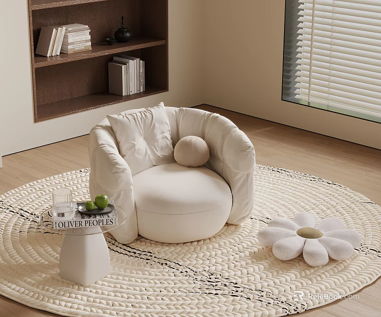 White Bean Bag Chair On Woven Rug With Small Side Table And Decorative Pillow 3d model 