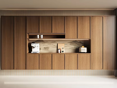 Modern Wooden Sideboard Cabinet Design With Coffee Machine And Decorative Items 3d model