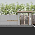 Building Exterior Wall With Stone Texture Modern Metal Gate And Green Trees Surrounding