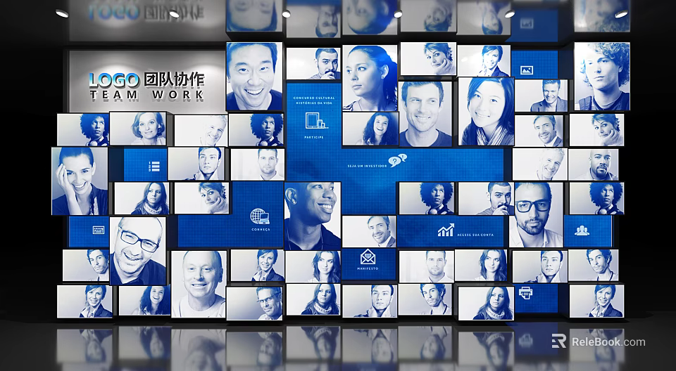 Multi Screen Background Wall Displaying Team Work LOGO And People 3d model