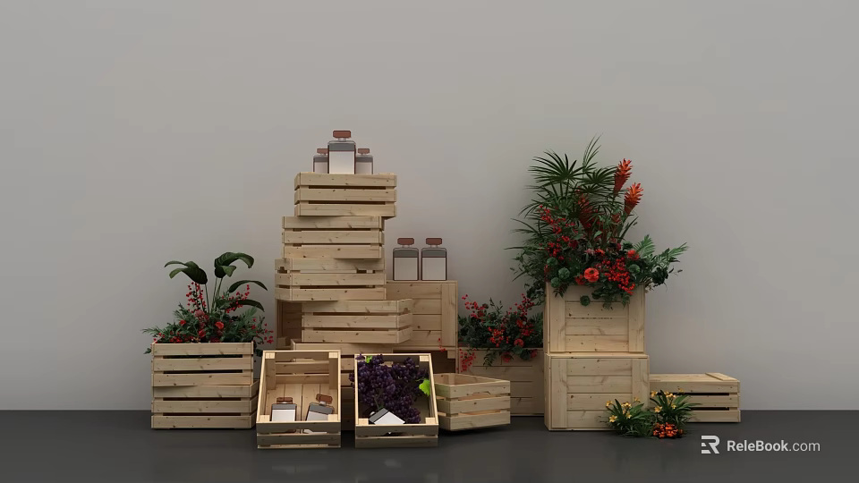 Creative Floral Installation With Stacked Wooden Pallets Flowers Green Plants And Grapes In Crates 3d model 