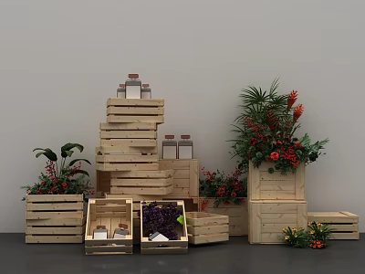 Creative Floral Installation With Stacked Wooden Pallets Flowers Green Plants And Grapes In Crates 3d model
