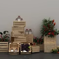 Creative Floral Installation With Stacked Wooden Pallets Flowers Green Plants And Grapes In Crates
