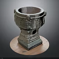 Carved Stone Basin With Square Base And Intricate Carvings On Wooden Platform