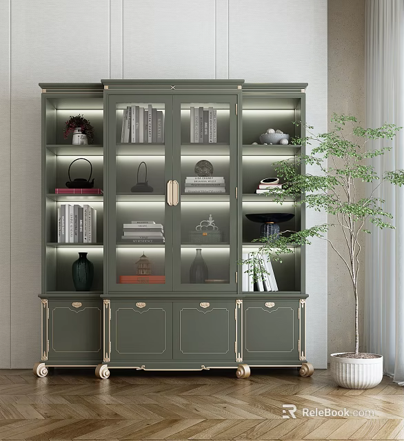 Elegant Green Bookcase With Gold Accents Glass Doors Books And Decorations Near Potted Plant 3d model 