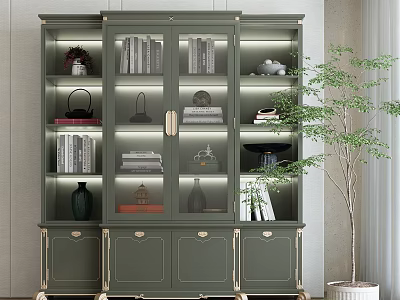 Elegant Green Bookcase With Gold Accents Glass Doors Books And Decorations Near Potted Plant 3d model