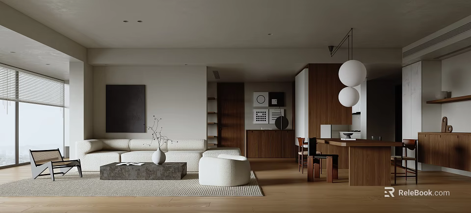 Modern Open Living Dining Room Interior With Sofa Coffee Table Dining Table And Pendant Lights 3d model