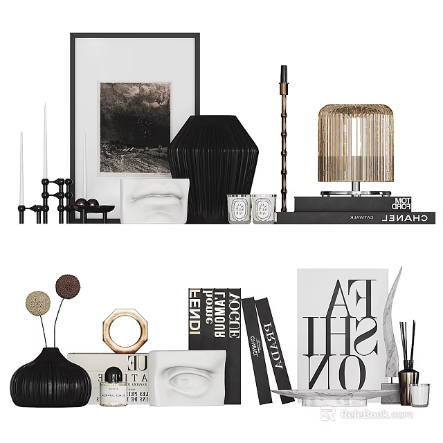Elegant Modern Ornamental Decor Set With Vase Candles Books Photo Frame And Sculpture 3d model 