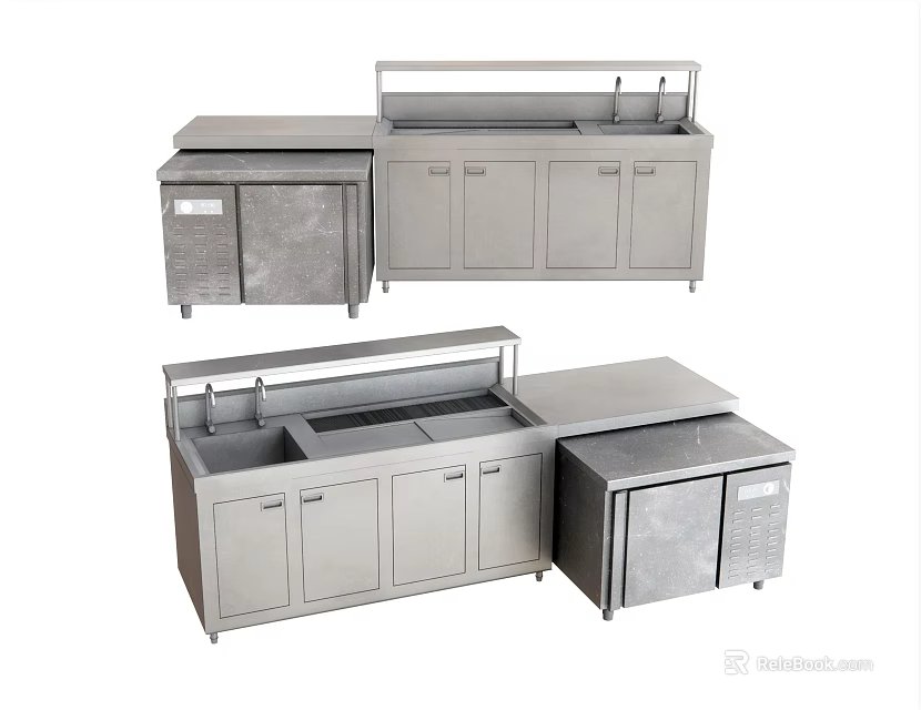 Stainless Steel Commercial Kitchen Workstation With Sink Storage Cabinets And Refrigeration Unit 3d model 