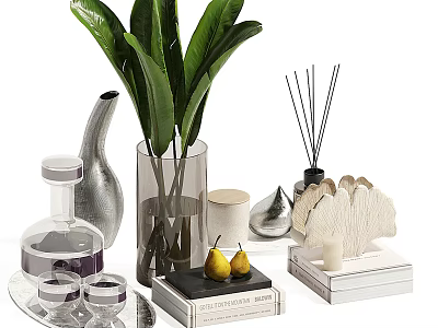 Decorative Ornament Set With Plant Clear Glass Vase Reed Diffuser Candle Books And Pear Ornaments 3d model