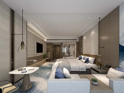 Elegant Modern Hotel Room Interior With King Bed Sofa TV And Decorative Rug 3d model