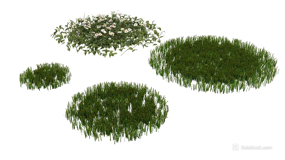 Green Grass Patches And White Flowering Plant In Garden Landscaping 3d model 