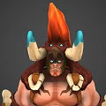 Tribal Warrior Character With Horned Helmet Flaming Red Crest Bone Decorations Brown Cape And Bandaged Legs
