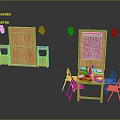 Wooden Furniture Set With Cabinet Dining Table Chairs Green Pendant Lights And Red Decorative Painting