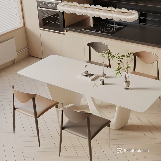 Modern White Dining Table Set With Brown Gray Chairs And Potted Plant Decorations 3d model 
