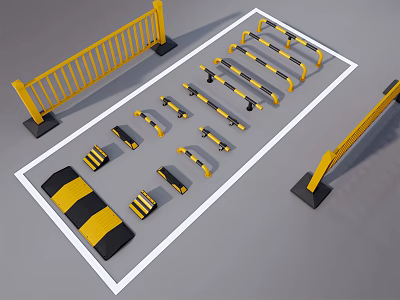 Yellow And Black Road Facilities Including Guardrails Speed Bumps And Barriers 3d model