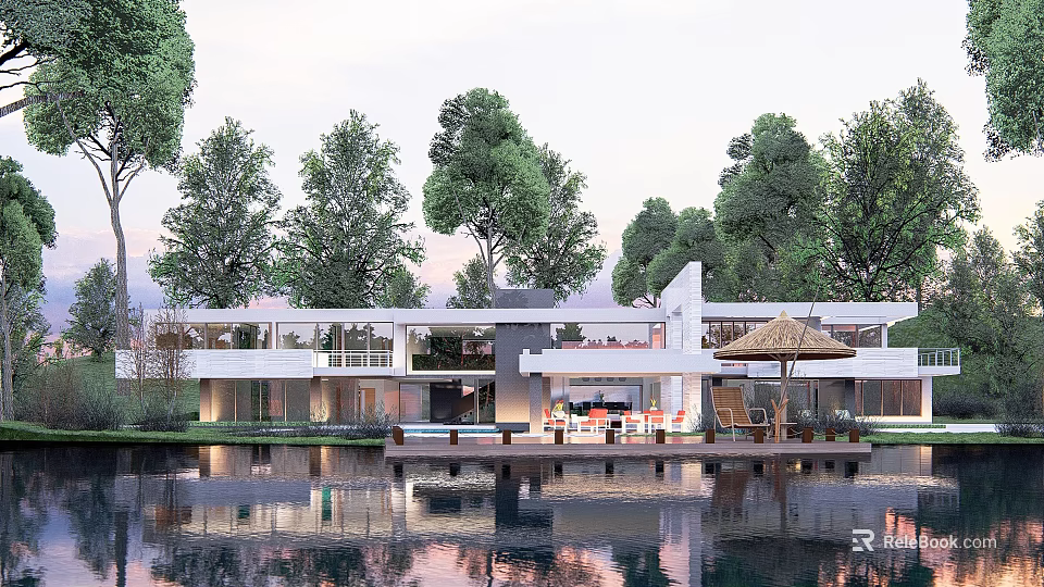 Single Family Villa With Modern Design Large Glass Windows Green Trees Water Reflection 3d model 