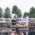 Single Family Villa With Modern Design Large Glass Windows Green Trees Water Reflection