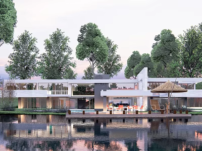 Single Family Villa With Modern Design Large Glass Windows Green Trees Water Reflection 3d model