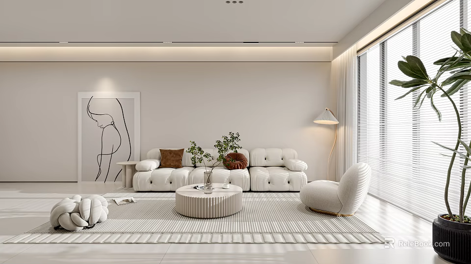 Modern Living and Dining Room Interior With White Sofa Round Coffee Table Green Plants And Wall Art 3d model 