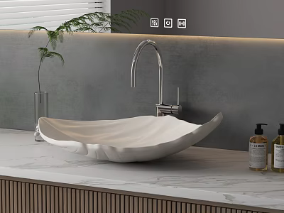 Stylish White Ceramic Washbasin With Unique Curved Shape On Marble Countertop And Modern Faucet 3d model